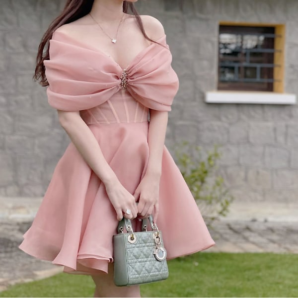 Vietnam Bow Organza Midjetight Sweet Temperament Barbie  Date Small Klänning Pink L