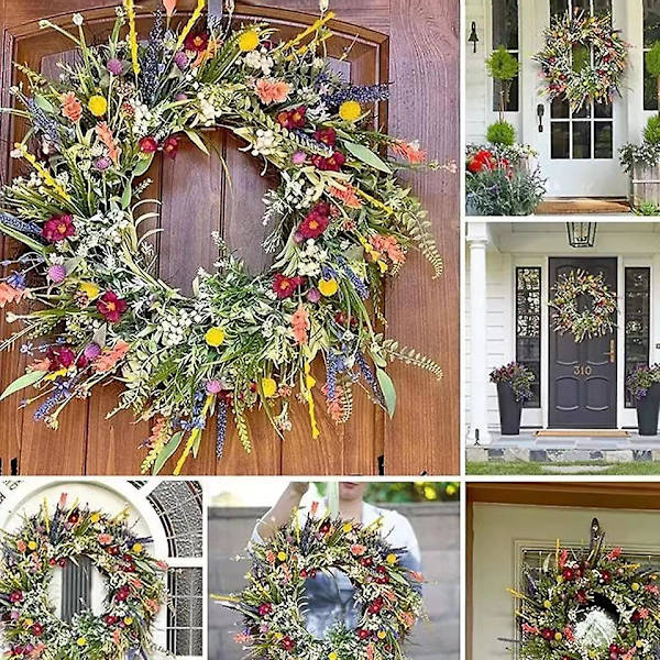2024 Utomhus Vårdörr Vår och Sommar Vildbloms Girlang Simulerade Torkade Blommor Väderbeständig Grön Helårs Girlang, Hem, Landsbygd, Inomhus 40cm