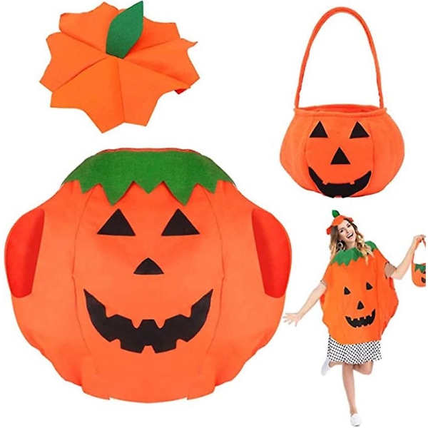 Halloween kurpitsa -asu, kurpitsa -asu hatulla ja karkkipusseilla