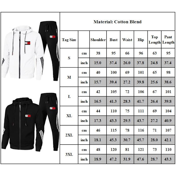Herr TomyJeans Sport Hoodie Tracksuit Sett Langermet Hel Glidelås Hoodie Sweatshirt Jakke + Joggebukser Sweatpants Outfit Lommer White qd White M