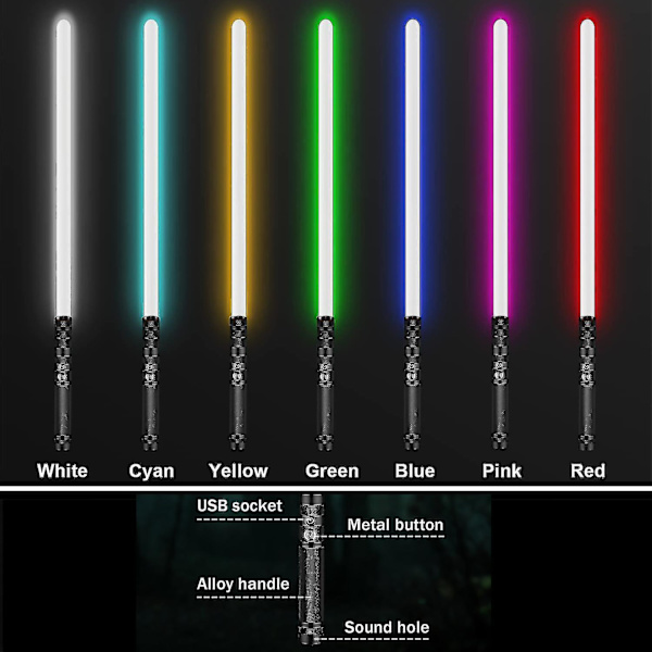 Lyssværd Lasersværd RGB med 7 Farver til Voksne og Børn, Skiftende FX-lyd, Genopladeligt Elektronisk Lyssværd til Halloween Cosplay Legetøj xi Black
