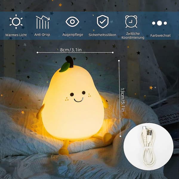 Pæreformet Nattlampe LED Barn Nattlys Varm Lampe USB-lading