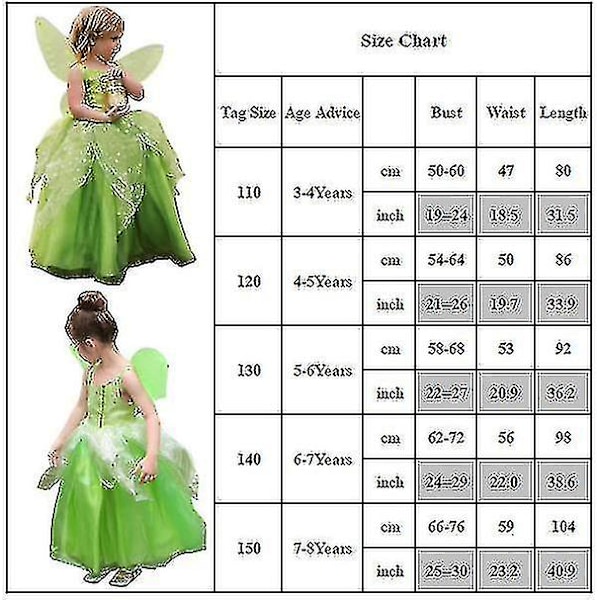 Kids Girls Tinkerbell Kostym Fe Kostym Prinsessklänning Med Fjärilsvingar Festklänning Upp_y Hög Kvalitet 4-5 Years