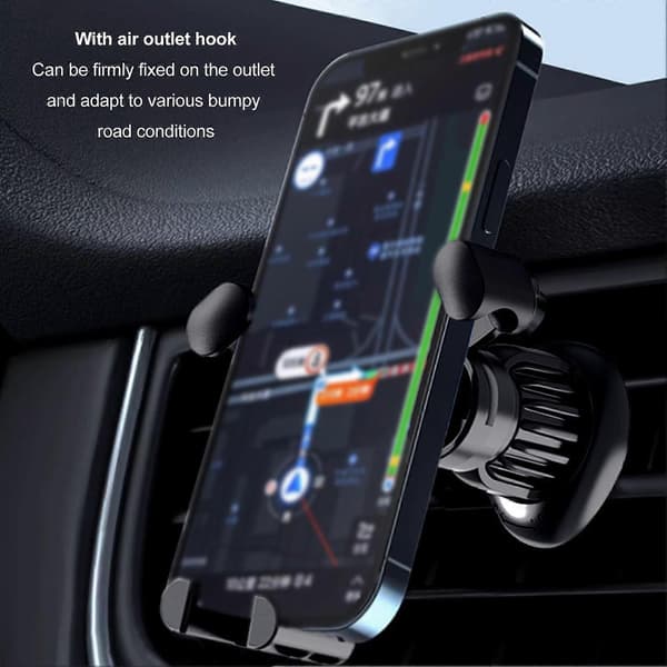 Universal Bilholder til Telefon med Én Hånds Betjening, Fast Greb, Auto-Lås, Luftventil-Clip, Gravity Mobilholder, Sort