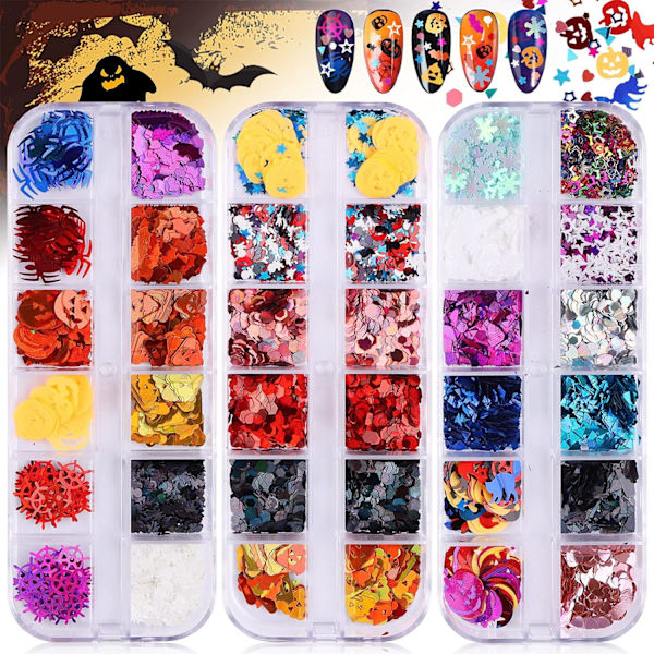 3 lådor Halloween Nail Art Gptter paljetter, Holographic Star Heart