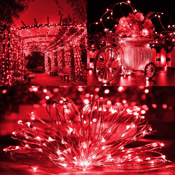Röda Solar String Lights utomhus. 39,4 Ft 120 LED-soldrivna vattentäta Fairy Lights 8 lägen koppartråd