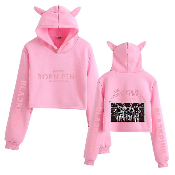 Svart Rosa koreansk grupp perifert printed Casual Navel-baring Cat Ears Sweatshirt för flickor Black C M