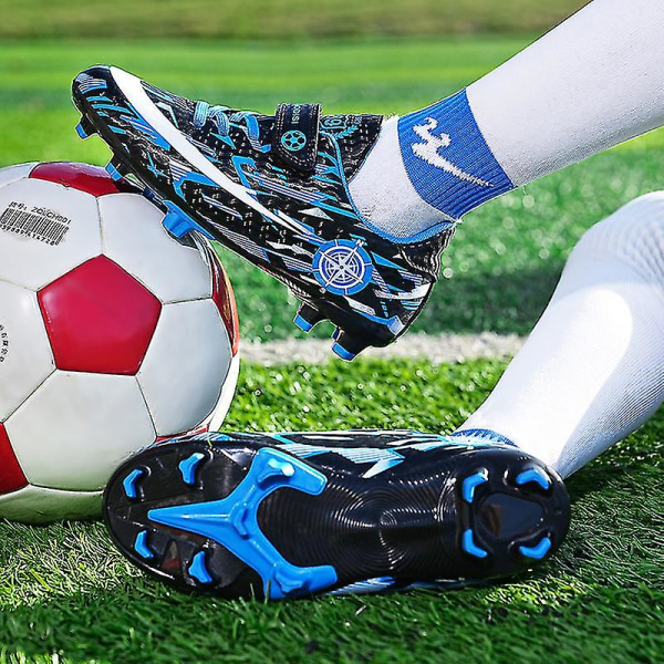 Børne Ungdom Turf Fodboldstøvler Sko Indendørs Fodbold Casual Udendørs Sport X1577a BlackBlue 34