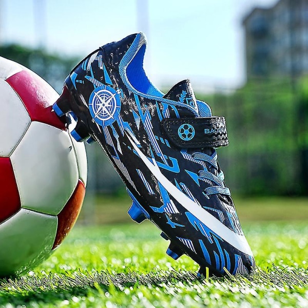 Børne Ungdom Turf Fodboldstøvler Sko Indendørs Fodbold Casual Udendørs Sport X1577a BlackBlue 34