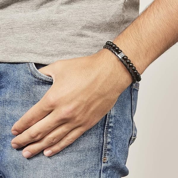 Europeisk och amerikansk mode herr armband med dubbla pärlor i flätad läder