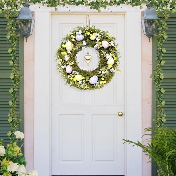 (Green) 15.75\" Easter Egg Wreath for Easter, Holidays, Parties, Wall Decor Rattan Spring Wreath with Mixed Flowers, Branches and Pink Eggs.