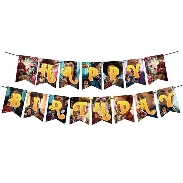 2023 Wonka Chocolate Factory Film Födelsedagsfest set Uppdragbar tårta Flagga Latexballonger 12 Small Flags 1 Large Card