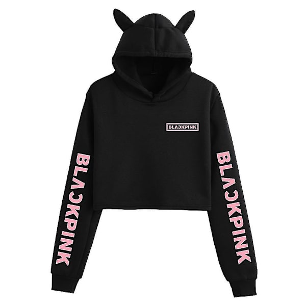 Svart Rosa koreansk grupp perifert printed Casual Navel-baring Cat Ears Sweatshirt för flickor Black C M