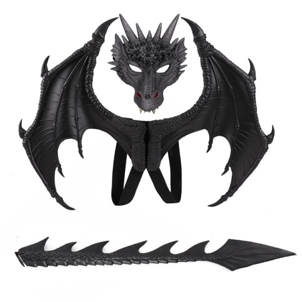 Kids Dragon Wings Kostym, Dinosaur Tail Mask Set, Cosplay Costume (svart drake)