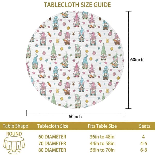 Easter and Gnomes White Pattern Round Tablecloth 60\", Wrinkle Resistant Wipeable Cover for Kitchen, Dining, Picnic, and Patio