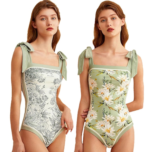 Dubbelsidig blommig baddräkt i ett stycke, vändbar baddräkt med knytskärning, magkontroll, S-xl - Snngv Green S