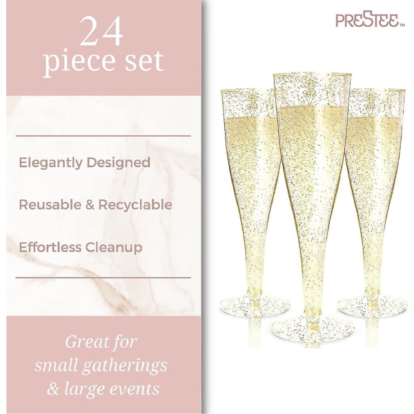 24 Plast Champagne Flutes Disponibel | Guld Glitter Plast Champagneglas För Fester | Glitter klara plastmuggar | Rostglas i plast |