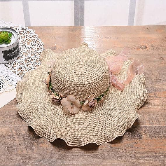 （57cm）Dame Straw Hat Bred Brim Solhat UV Beskyttelse Sommer Fol