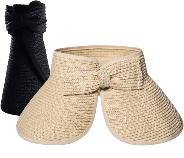 2X (Beige & Sort) Kvinders Strand Sol Halmhat med Bred Skygge Visor