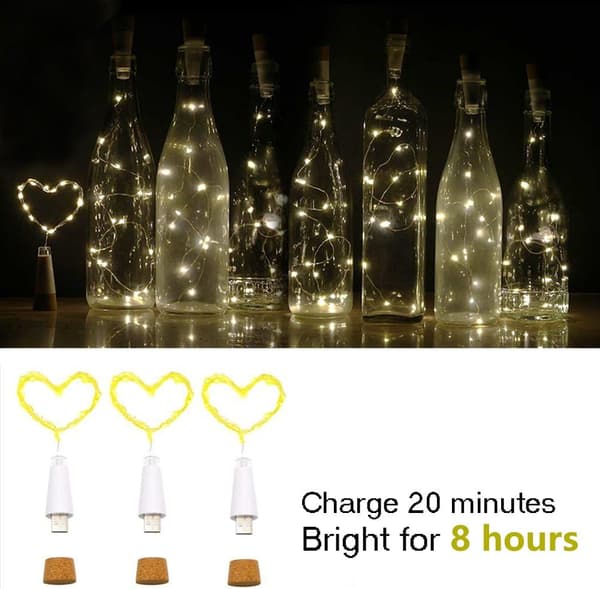 LED-flasker korklys, USB-ladbare, 1,9 m kobbertråd