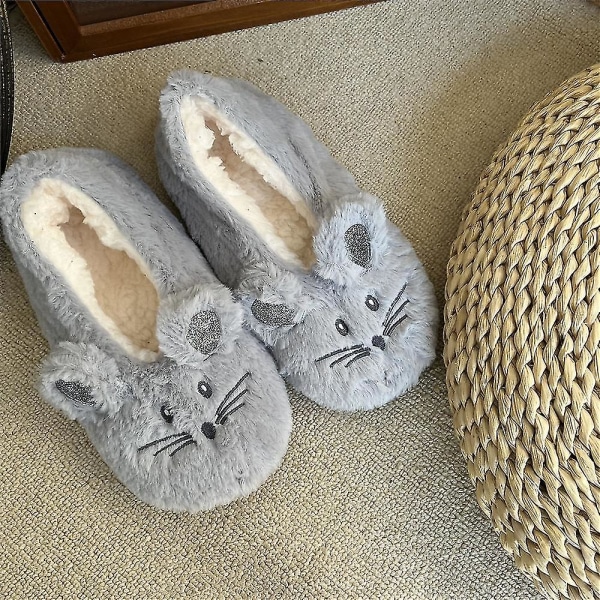 Hjemme Fuzzy Tøfler Dame Vinter Pels Bomull Varm Plysj Sklisikker Grip Innvendig Fluffy Lat Dame Museører Broderi Gulvsko Gray 39to41
