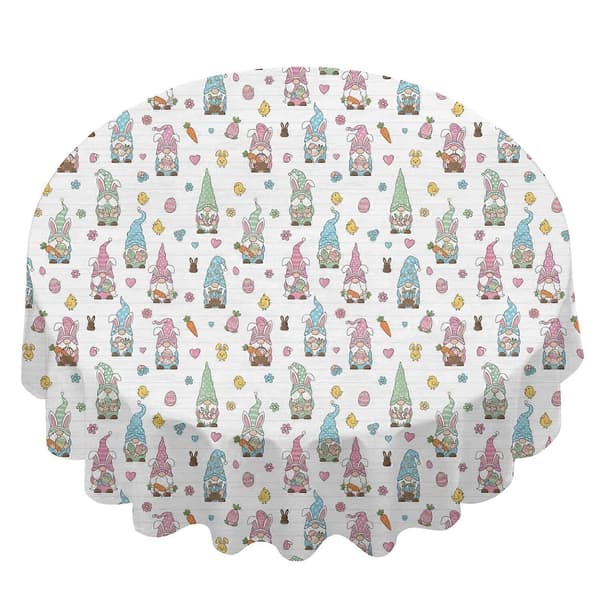 Easter and Gnomes White Pattern Round Tablecloth 60\", Wrinkle Resistant Wipeable Cover for Kitchen, Dining, Picnic, and Patio