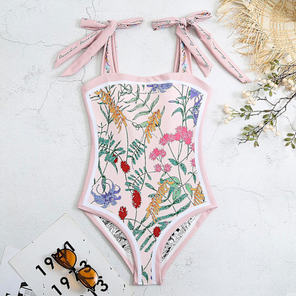 Dubbelsidig blommig baddräkt i ett stycke, vändbar axelbandsmonokini med magkontroll, badkläder S-xl - Snngv Pink S