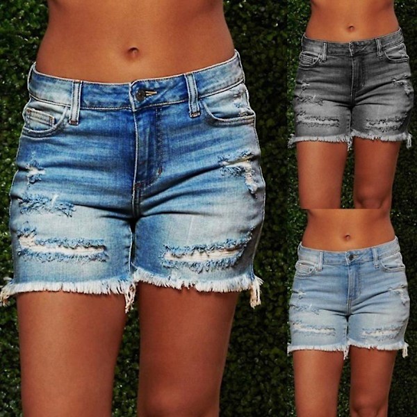 Hålstil dam rippade jeansshorts, hög stretchig fåll Shorts för damshorts XL, mörkblå