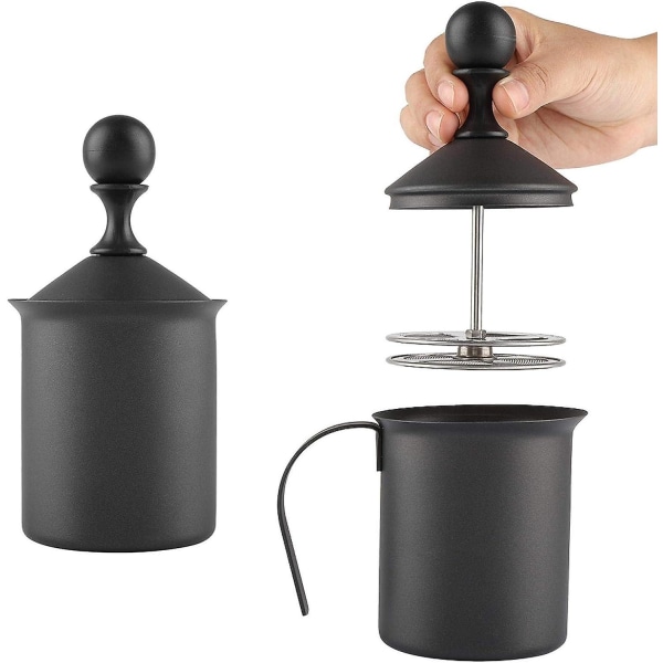 Manuell Melkeskummer, rustfritt stål, manuell dobbel netting melkeskummer, skummaskin, kaffe, cappuccino, dekorasjonsverktøy 400ml