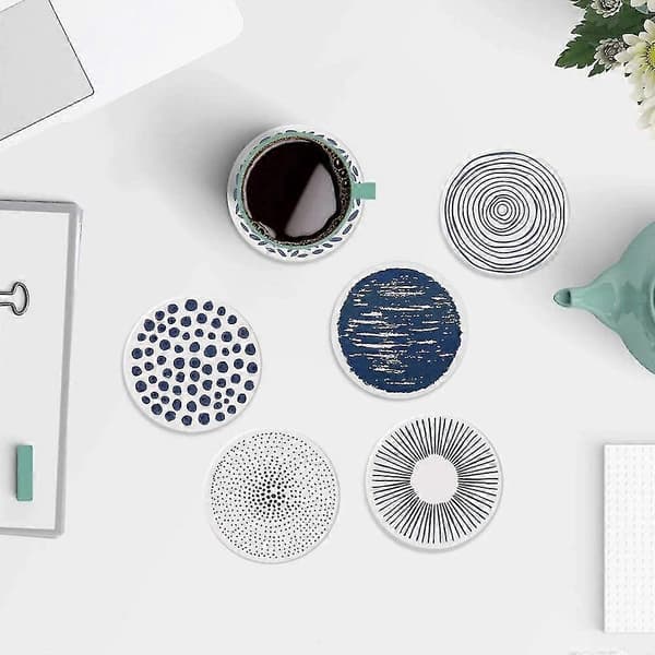 Sæt med 6 keramiske coasters, runde skridsikre coasters, absorberende gave