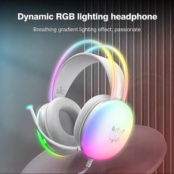 ONIKUMA Gaming Headset med RGB Dynamisk Belysning Kablet Over-Ear Headset med Støjreducerende Mikrofon til PC Hvid