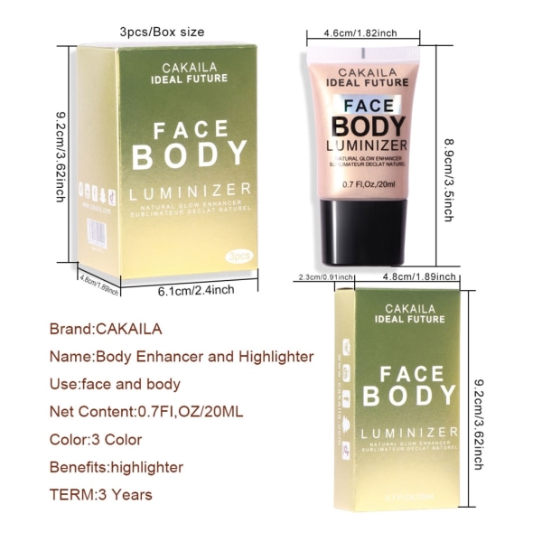 Body Luminizer, Vattentät fuktgivande för ansikte och kroppssminkning Ansikte Body Glowing Illuminator, Flytande Body Highlighter 3 pack