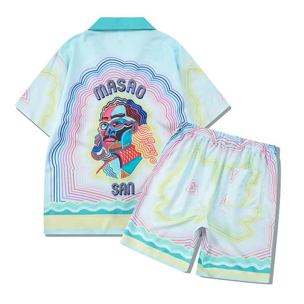 Färgglada Stripe Mountain Stadium Print Casablanca Tennis Club Shorts Skjorta Set Sommar Män Kvinnor Hip Hop Hawaii Beach Suit 15 S