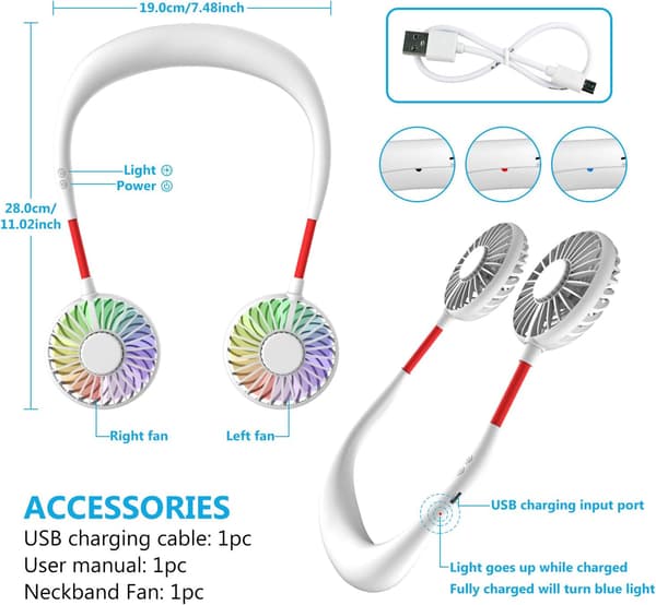 Vit - Halsfläkt, Bärbar Fläkt, Mini USB-fläkt, Laddningsbar Porta