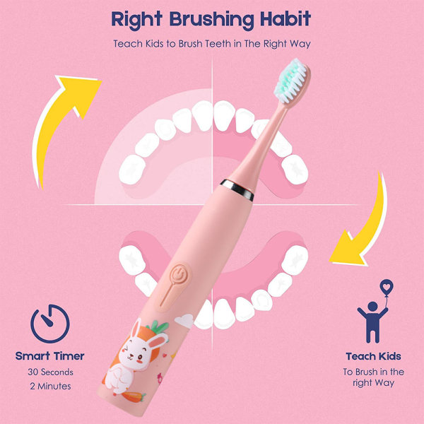 Barn el tandborste, 6 borsthuvuden, sonisk tandborste för pojkar och flickor 3-12 år Pink