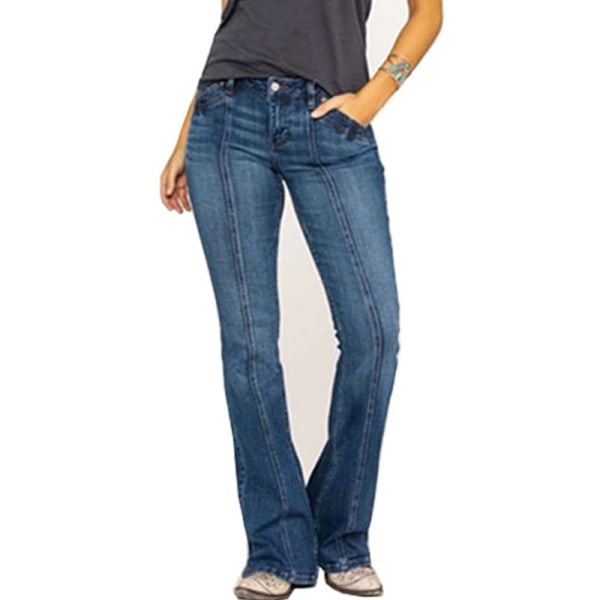 Kvinnors låga utsvängda jeans tretchiga jeansbyxor Bell Bottoms Mörkblå S