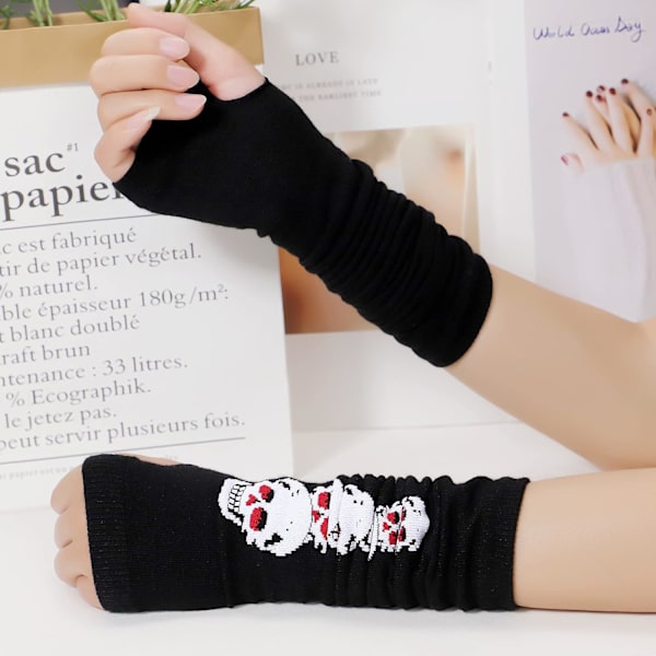 Stickade långa fingerlösa skeletthandskar. Unisex Halloween Punk Arm