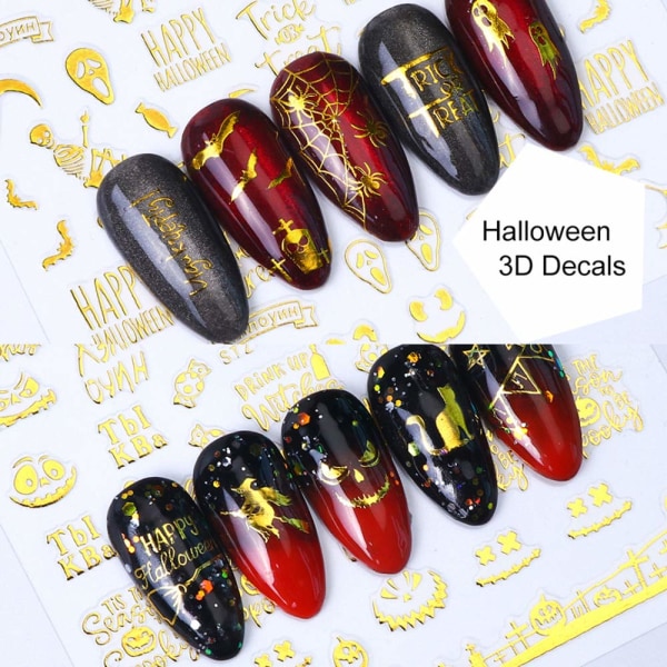 3D Halloween Nail Art Stickers för kvinnor Guld självhäftande nagel