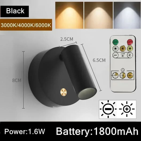 USB Genopladelig LED Væglampe med Sød Berøring, Dæmpbar Magnetisk Base, Sort