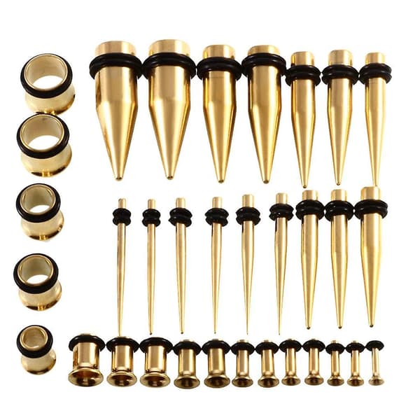 36 Delar Öron Töjningskit Pluggar Taper 14G-00G Expanders Guld