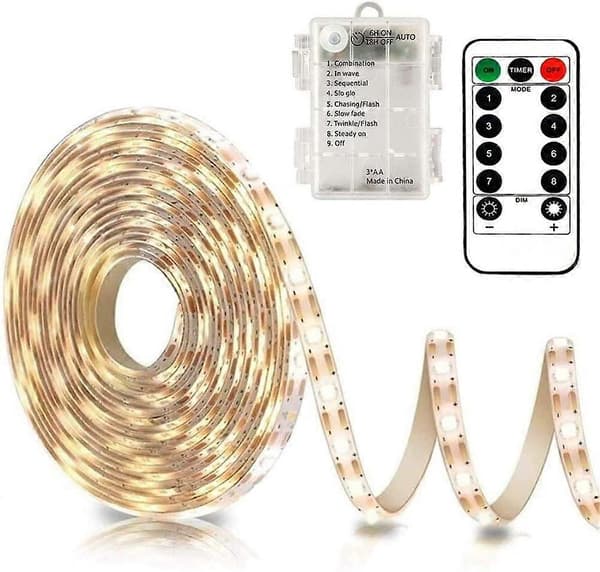 3m batteridrevne LED-strips med fjernkontroll, 90 LED-strips vanntett, 8 moduser, dimbar, timer, selvklebende [RONg]