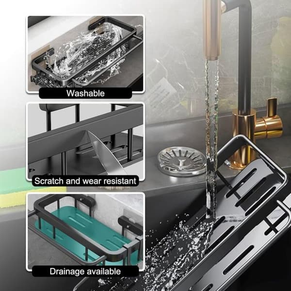 Sponge Holder - Kitchen Sink Organizer - Stainless Steel - Black - 2 Hooks [RONg]