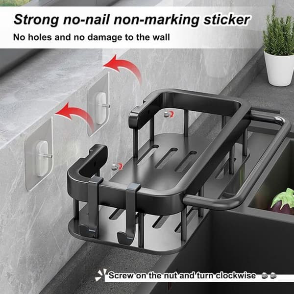 Sponge Holder - Kitchen Sink Organizer - Stainless Steel - Black - 2 Hooks [RONg]