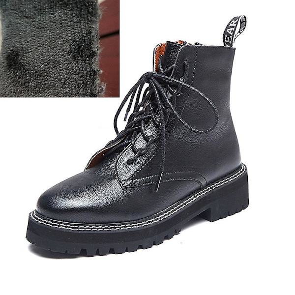 Äkta Läderstövlar, Dam Snörning Vinter Korta Ankelstövlar black with fur 7