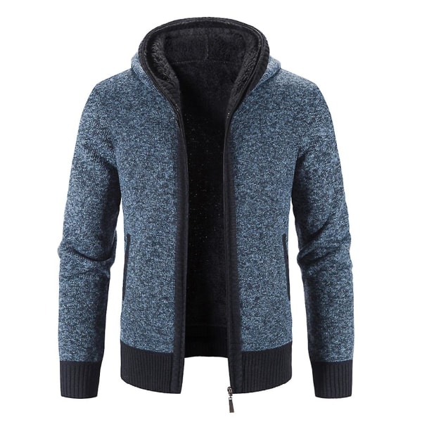 Casual Slim Full Zip Tjock Stickad Huv Cardigan Sweaters för män blå XL