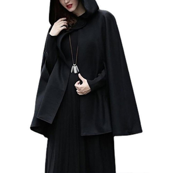 Kvinnor Hooded Kappa Cape Poncho Coat Jacka Baggy Casual Ytterkläder Vinter svart S