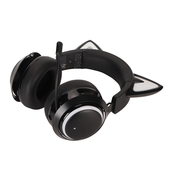 Spelheadset med kattöron, RGB-belysning, Bluetooth, trådlösa hörlurar med infällbart 120 graders roterbart mikrofon för bärbara datorer, PC, svart