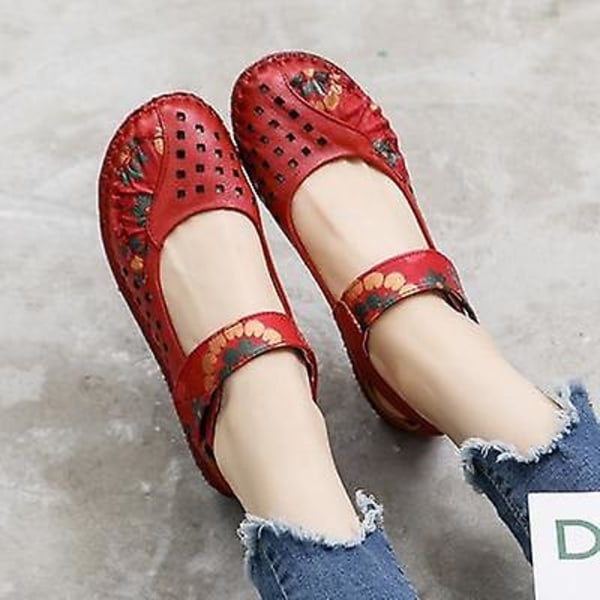 Vårmode Blomma Design Rund Toe Mjuk Botten Platta Skor 989 red sandals 6