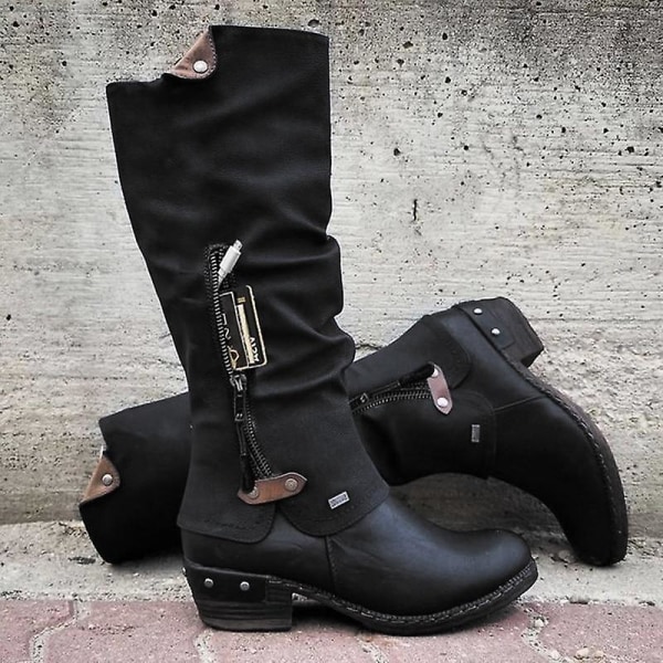 Nya kvinnliga mid kalv vintage brittiska Pu-läderstövlar BLACK 39