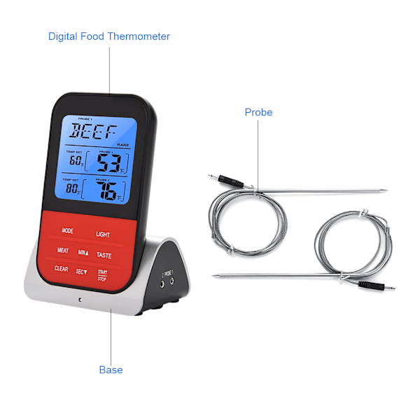 LCD Digital Mattermometer med Dubbla Probsensorer Timer för Matlagning Bakning BBQ (Silverbas)